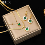 Heart Green Zircon Pendant Necklace Earrings Set