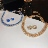 Champagne Green Silver Crystal Necklace Earrings Set for Weddings
