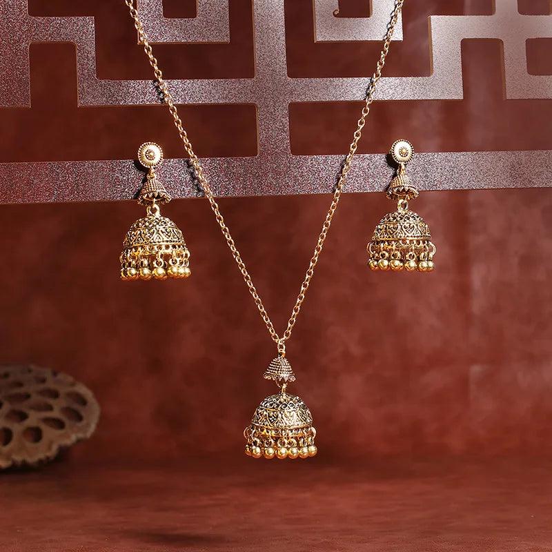 Indian Women's Retro Necklace Earrings Set Flower Bell Beaded Pendant Jewelry