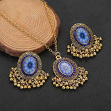 Indian Women's Retro Necklace Earrings Set Flower Bell Beaded Pendant Jewelry
