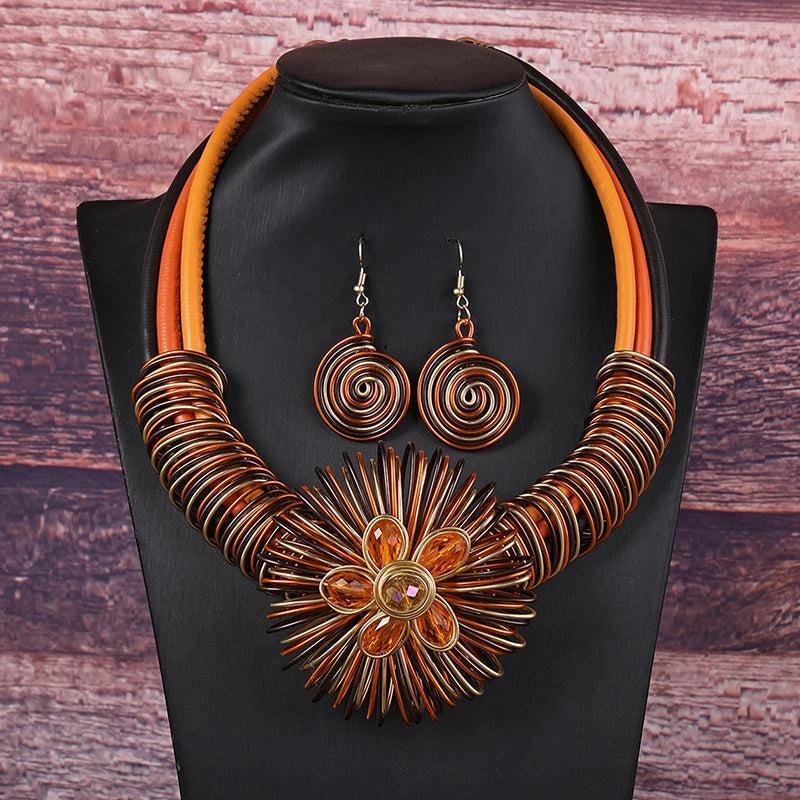 Flower African Women Necklace Earrings Jewelry Sets