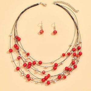 Multilayer Choker Necklace Earrings Set Simulated Pearl Crystal Jewelry