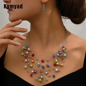 Multilayer Choker Necklace Earrings Set Simulated Pearl Crystal Jewelry
