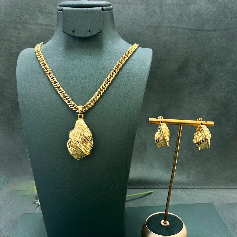 24k Plated Copper Chain Ring Sets Earrings Pendent Necklace for Women