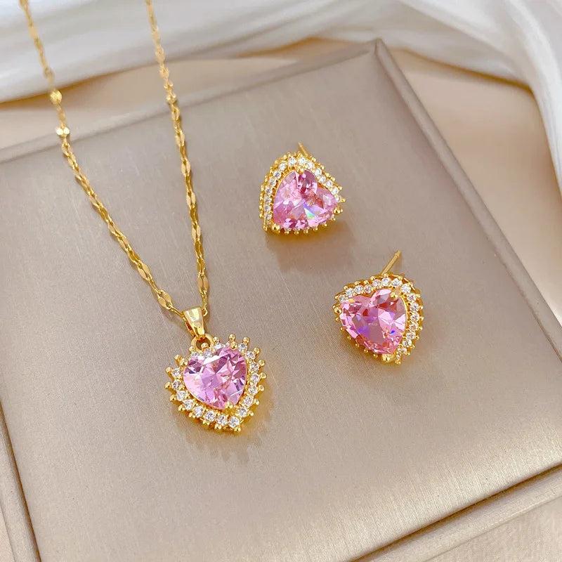 Pink Heart Crystal Pendant Necklace Earrings Gift Set