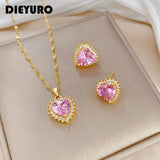 Pink Heart Crystal Pendant Necklace Earrings Gift Set