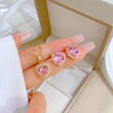 Pink Heart Crystal Pendant Necklace Earrings Gift Set