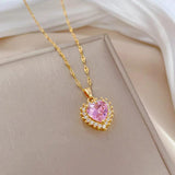 Pink Heart Crystal Pendant Necklace Earrings Gift Set