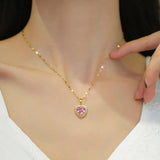 Pink Heart Crystal Pendant Necklace Earrings Gift Set