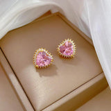 Pink Heart Crystal Pendant Necklace Earrings Gift Set