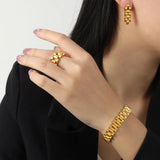 Stainless Steel Bracelet Ring Earrings Set for Women Chain Plated Jewelry