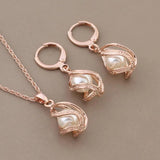 Vintage Rose Jewelry Set Unusual Pearl Earrings and Pendant Set