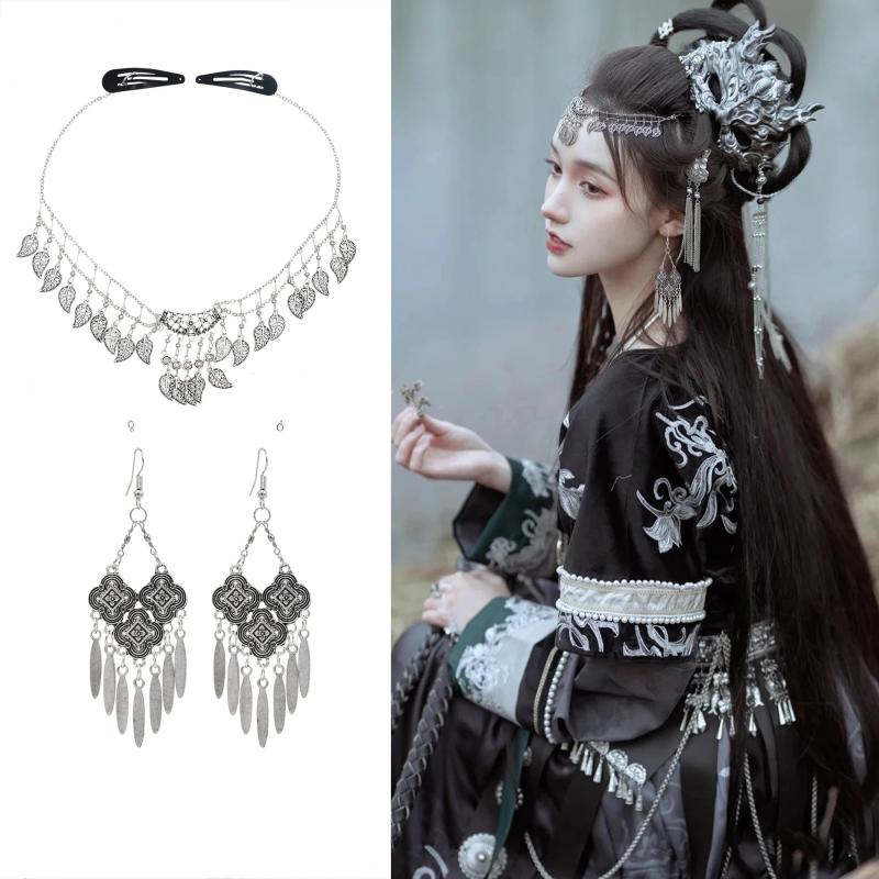Vintage Leaf Pendant Head Chains & Earrings Sets for Women
