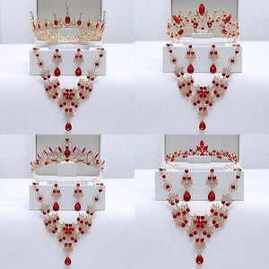 Baroque Style Red Ladies' Party Crown Necklace Earrings Set