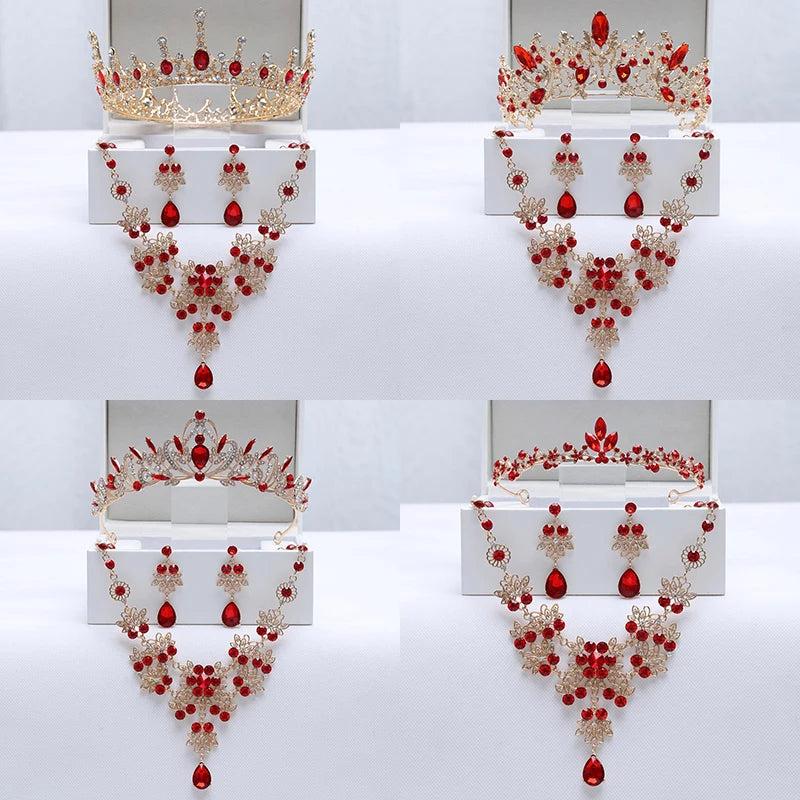 Baroque Style Red Ladies' Party Crown Necklace Earrings Set