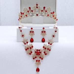 Baroque Style Red Ladies' Party Crown Necklace Earrings Set