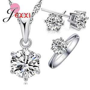 Silver Crystal Jewelry Set Necklace Ring Earring