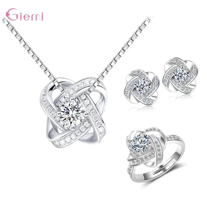 925 Sterling Silver Full Jewelry Set Necklace+Earring+Ring Gift