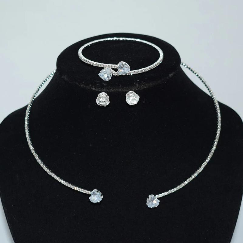 Zircon Heart Choker Necklace Earrings Bracelet Set