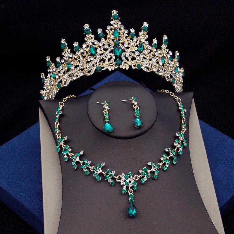 Green Crystal Bridal Jewelry Set: Tiara, Earrings, Necklace, Crown