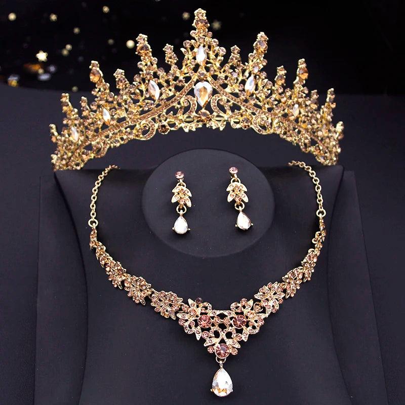 Baroque Crown Jewelry Sets for Women Wedding Bride Tiaras Necklace Earring Set