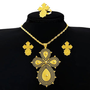 Ethiopian Big Cross Jewelry Set Pendant Chain Earrings Ring African Eritrea
