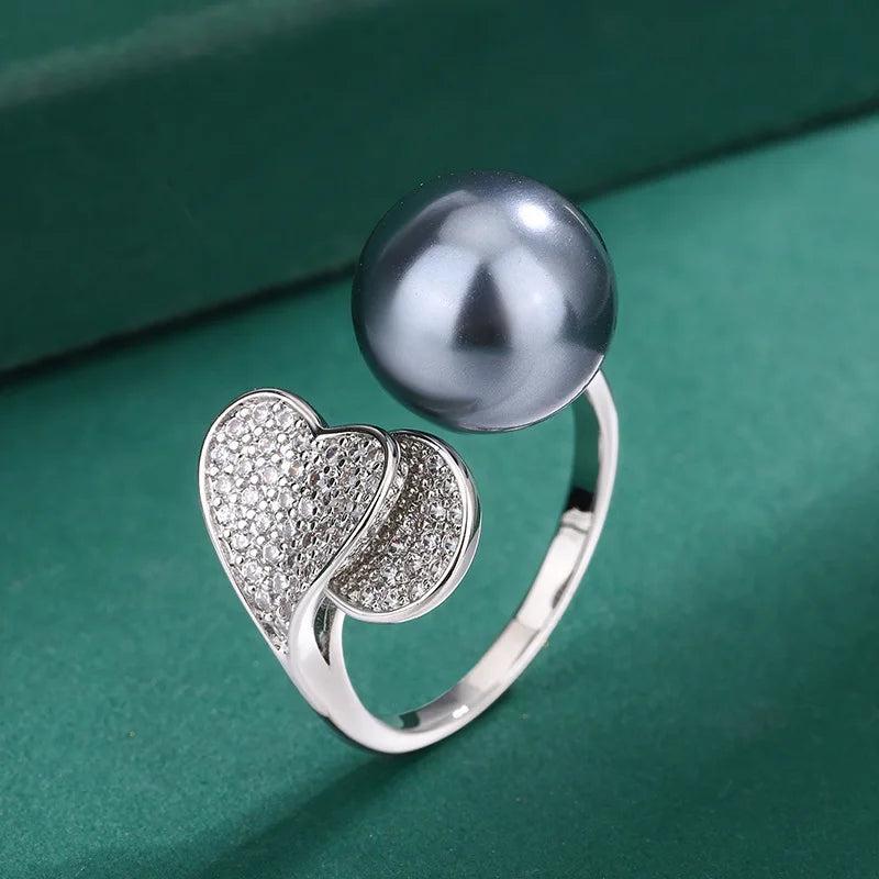 Tahitian Pearl Earring Double Heart Shaped Love Cubic Zircon Necklace Ring