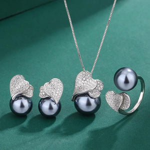 Tahitian Pearl Earring Double Heart Shaped Love Cubic Zircon Necklace Ring