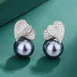 Tahitian Pearl Earring Double Heart Shaped Love Cubic Zircon Necklace Ring