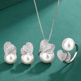 Tahitian Pearl Earring Double Heart Shaped Love Cubic Zircon Necklace Ring