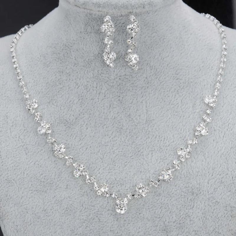 Bridal Jewelry Set Silver Rhinestone Crystal Choker Necklace Earrings