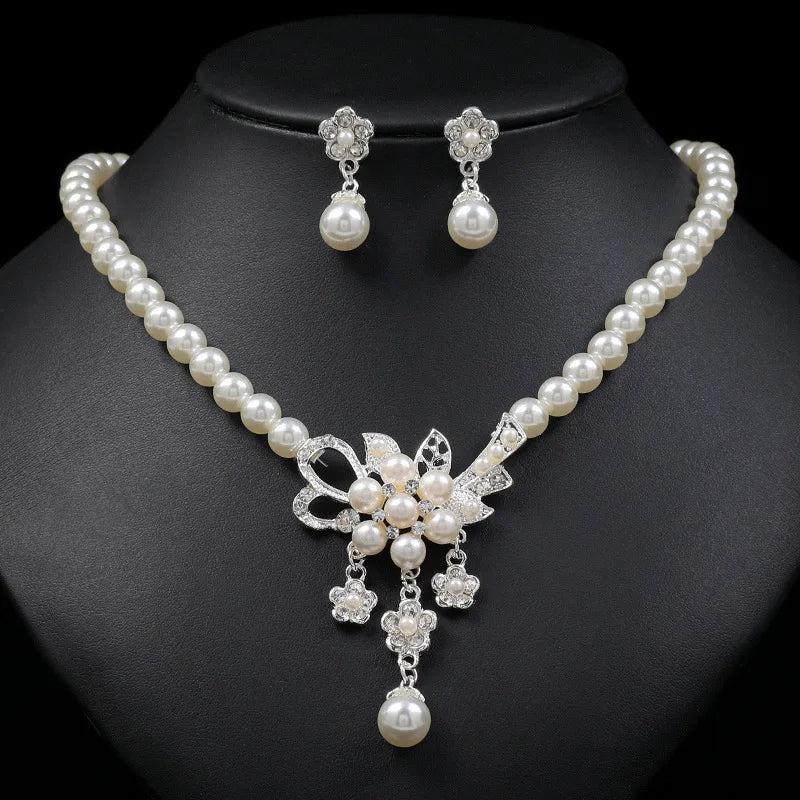 Simulated-pearl Bridal Jewelry Set Rhinestone Pearls Floral Drop