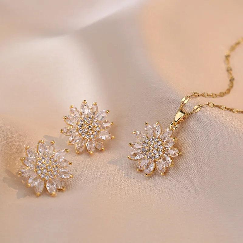 Zircon Big Sunflower Stud Earrings & Pendants Set