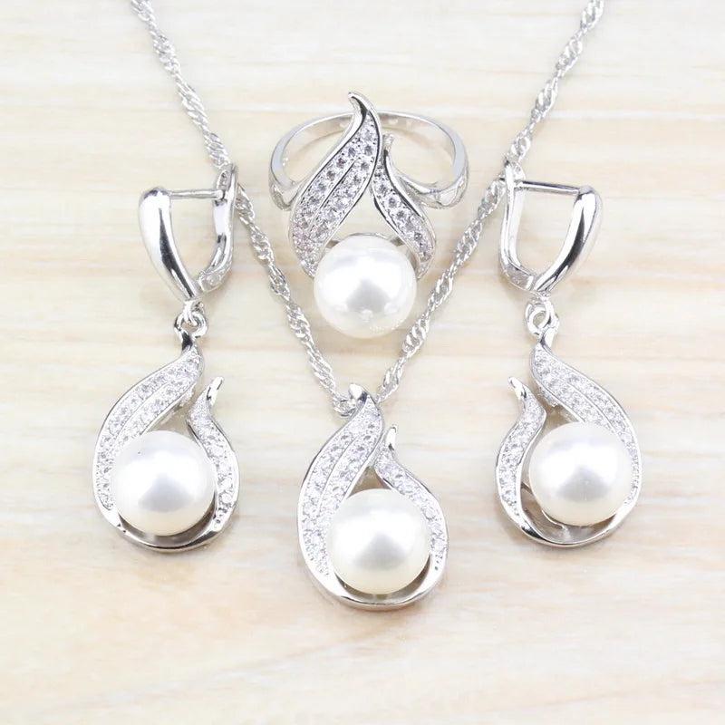 Freshwater Pearls CZ Bridal Jewelry Set Silver-Color Women Wedding Gift