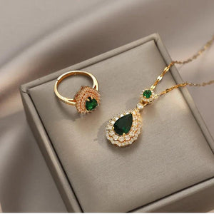 Green Stone Water Drop Zircon Pendant Necklace Rings Set