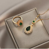 Green Stone Water Drop Zircon Pendant Necklace Rings Set