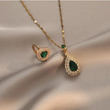Green Stone Water Drop Zircon Pendant Necklace Rings Set