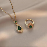 Green Stone Water Drop Zircon Pendant Necklace Rings Set