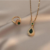 Green Stone Water Drop Zircon Pendant Necklace Rings Set
