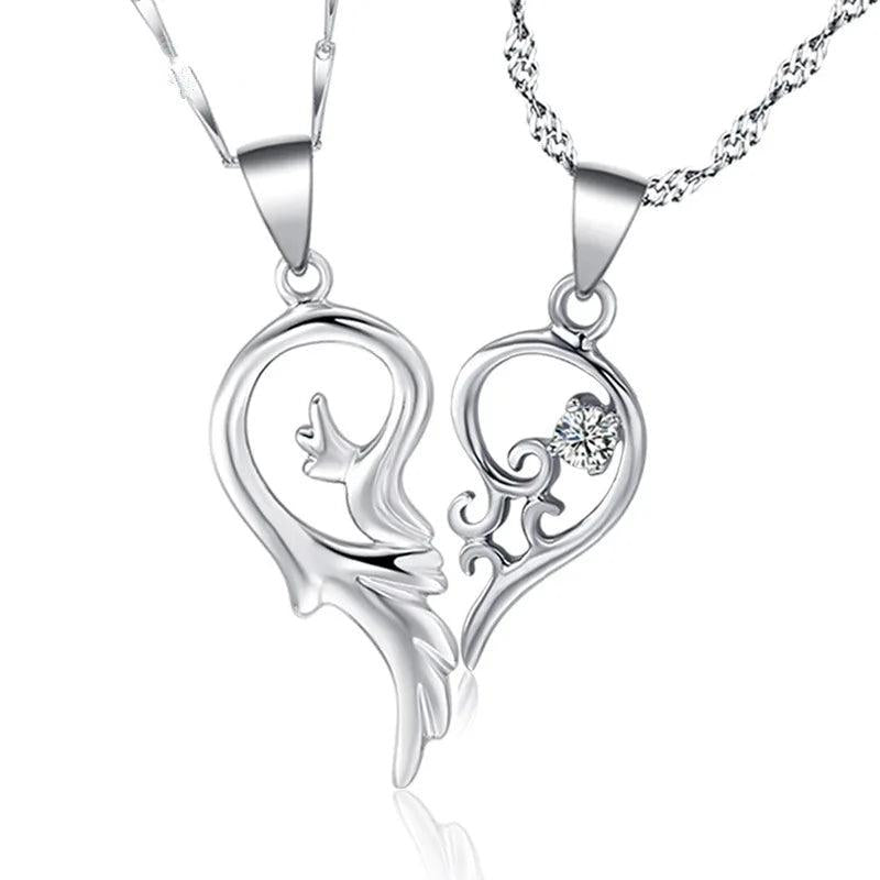 Heart Wing 925 Sterling Silver Couple Pendant Necklace Set