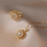 Flower Ring Pendant Necklace Set Stainless Steel Chains Gift