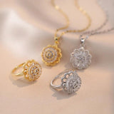 Flower Ring Pendant Necklace Set Stainless Steel Chains Gift