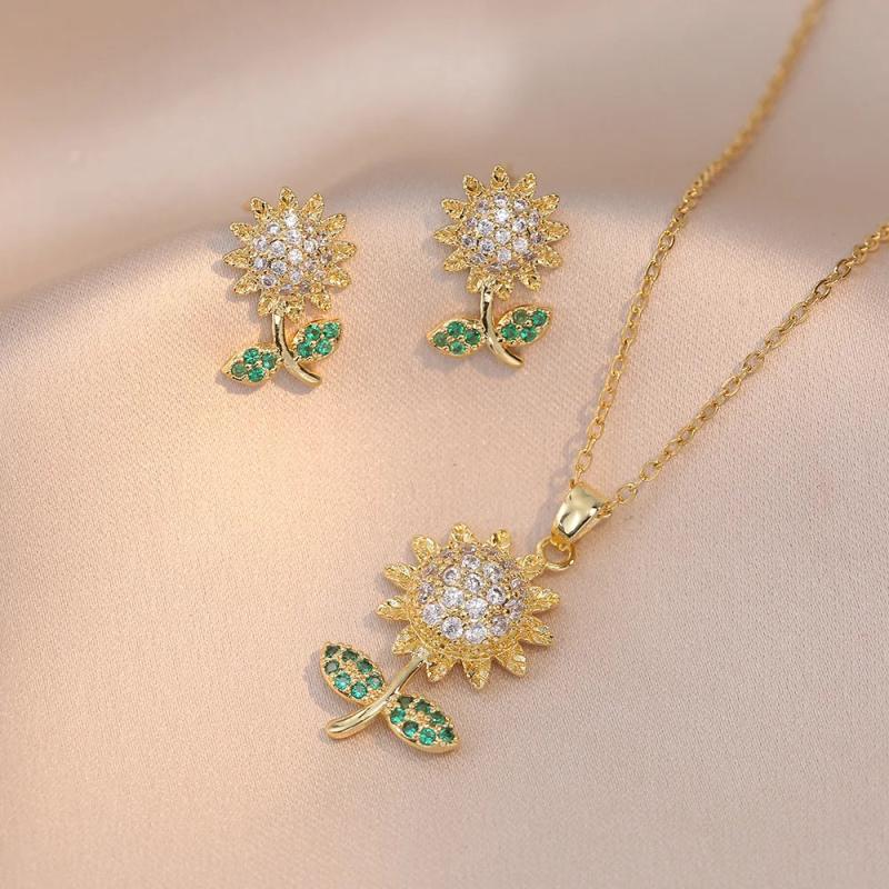 Sunflower Earrings & Pendants Set Stainless Steel Chain Green Zircon