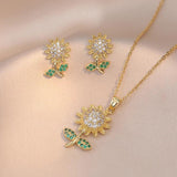 Sunflower Earrings & Pendants Set Stainless Steel Chain Green Zircon