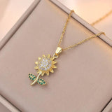 Sunflower Earrings & Pendants Set Stainless Steel Chain Green Zircon