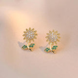 Sunflower Earrings & Pendants Set Stainless Steel Chain Green Zircon