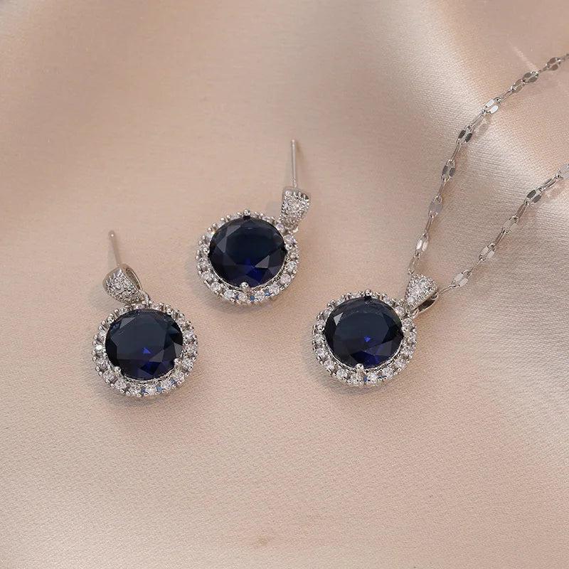 Stone Round Pendant and Stud Earrings Silver Zircon Clavicle Necklace