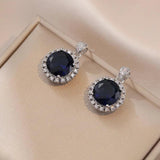 Stone Round Pendant and Stud Earrings Silver Zircon Clavicle Necklace