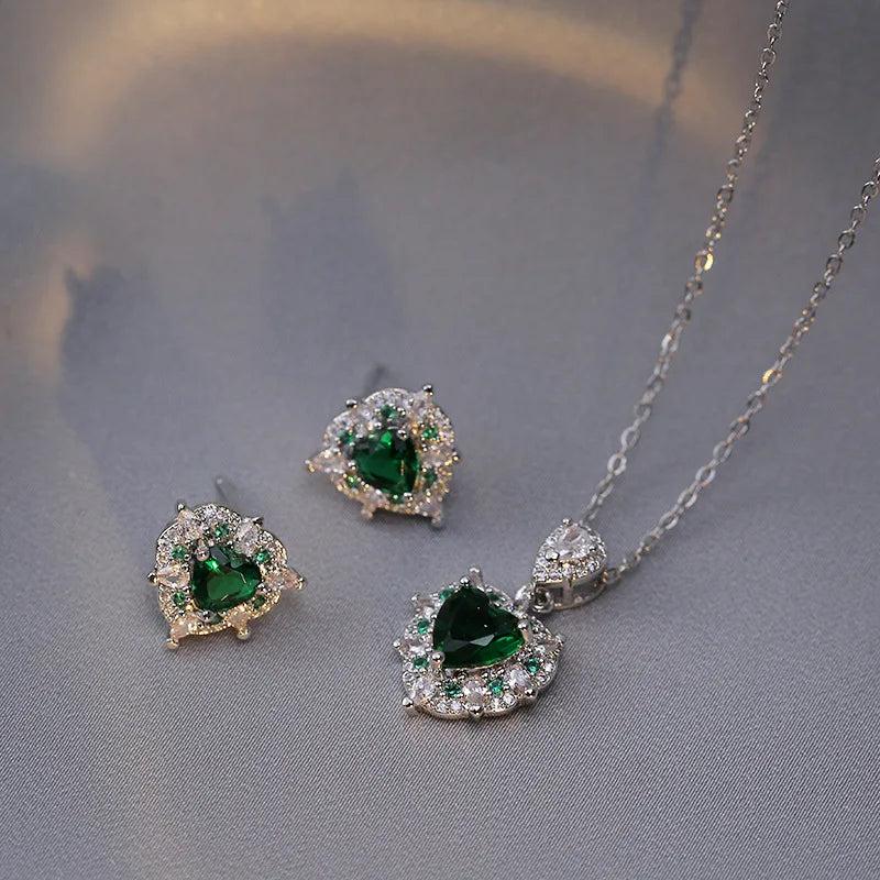 Heart Stud Earrings & Pendant Necklaces Set Silver Green Zircon Bride Wedding
