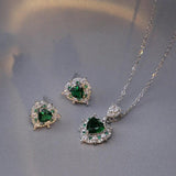 Heart Stud Earrings & Pendant Necklaces Set Silver Green Zircon Bride Wedding